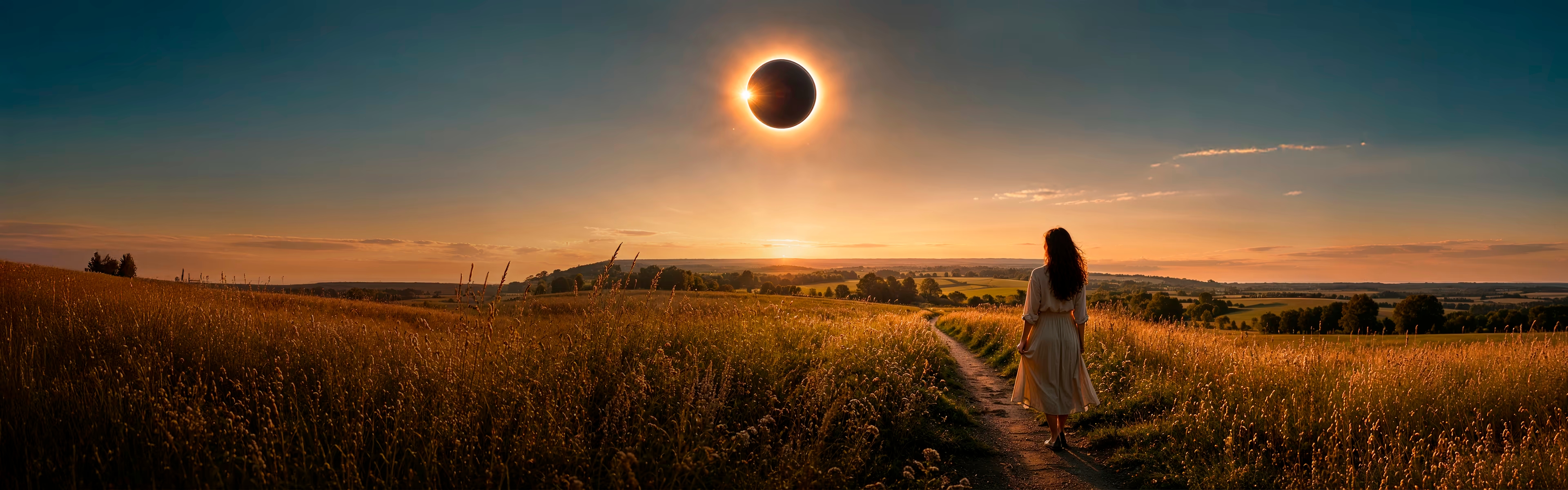 Frau auf einem Feldweg durch ein goldenes Feld bei Sonnenuntergang, unter einer spektakulären Sonnenfinsternis.