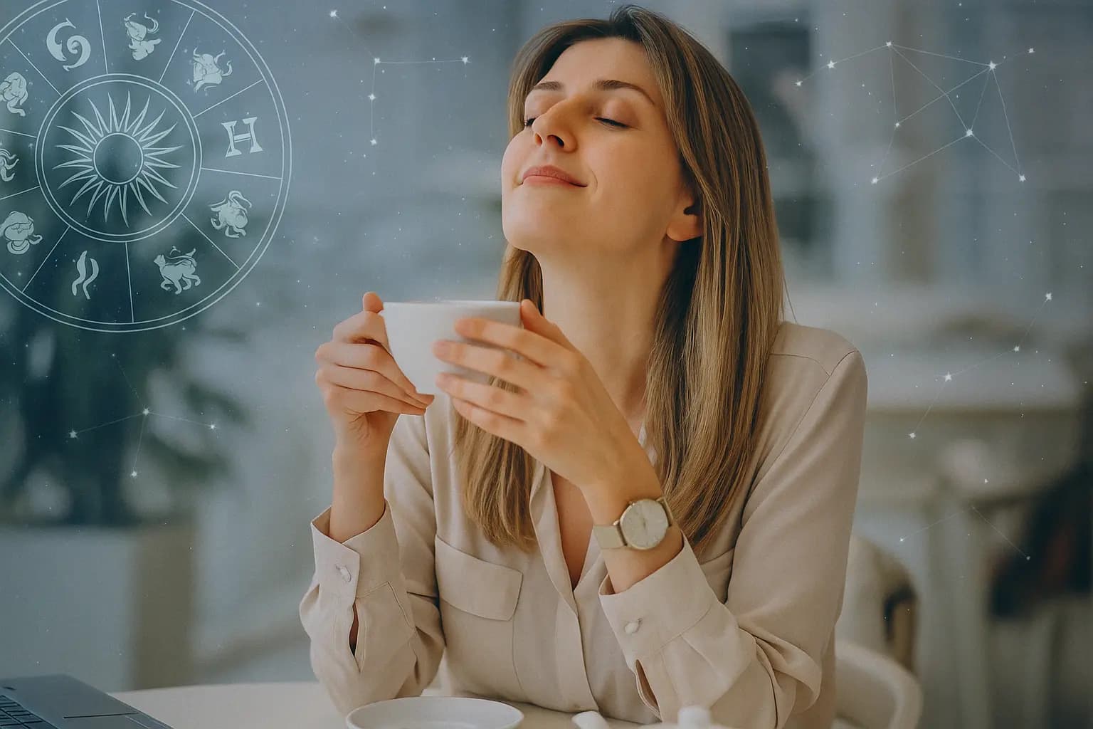 Femme souriante buvant du thé avec une roue du zodiaque qui consulte son horoscope du jour gratuit sur IdealVoyance