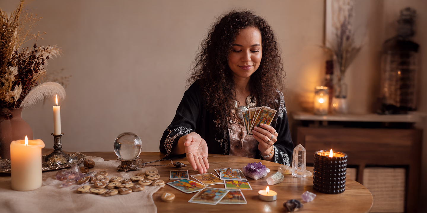 Wahrsagerin nutzt Tarotkarten, Kristallkugel, Runen und Kristalle während einer spirituellen Beratung und erklärt verschiedene Werkzeuge der Wahrsagerei.
