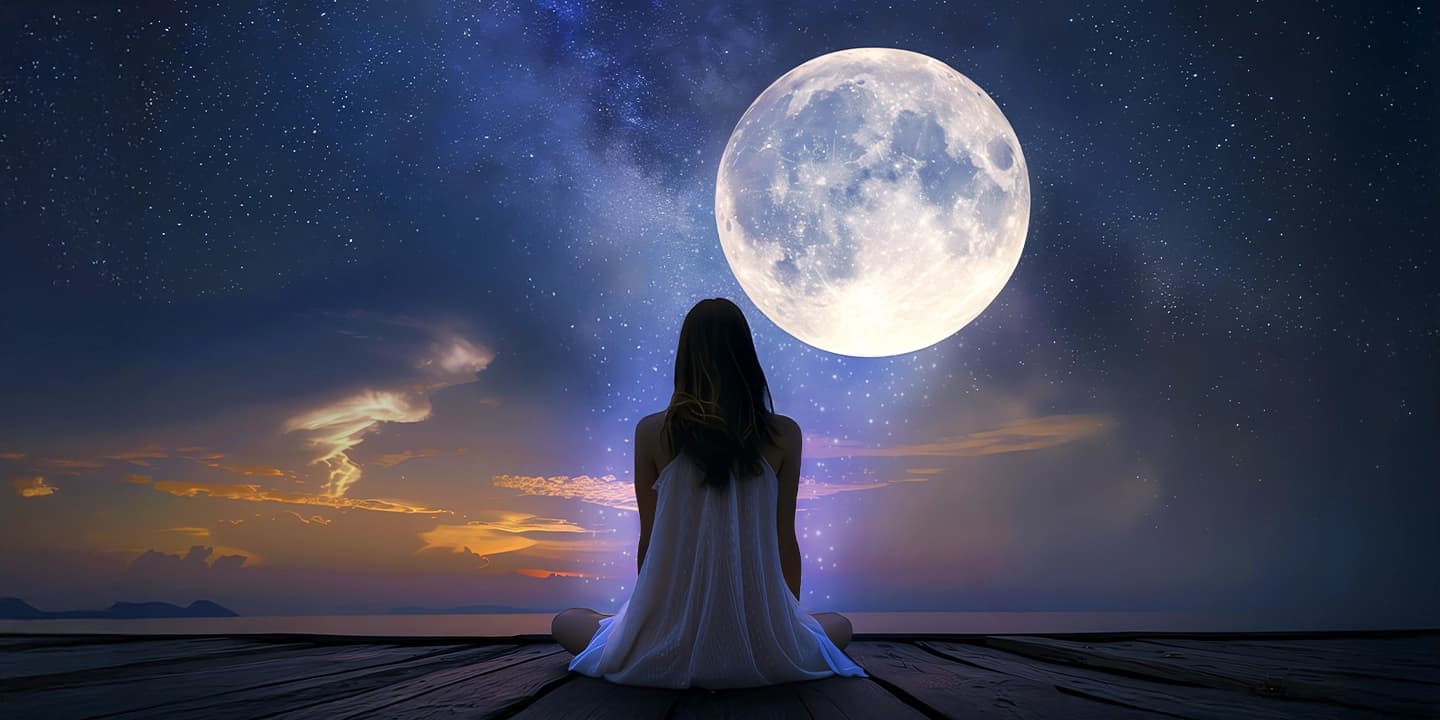 Frau meditiert bei Vollmond auf einer Holzterrasse unter einem Sternenhimmel - Spirituelle Illustration für den Manticus-Artikel über Vollmondrituale, um sich zu befreien und zu zentrieren