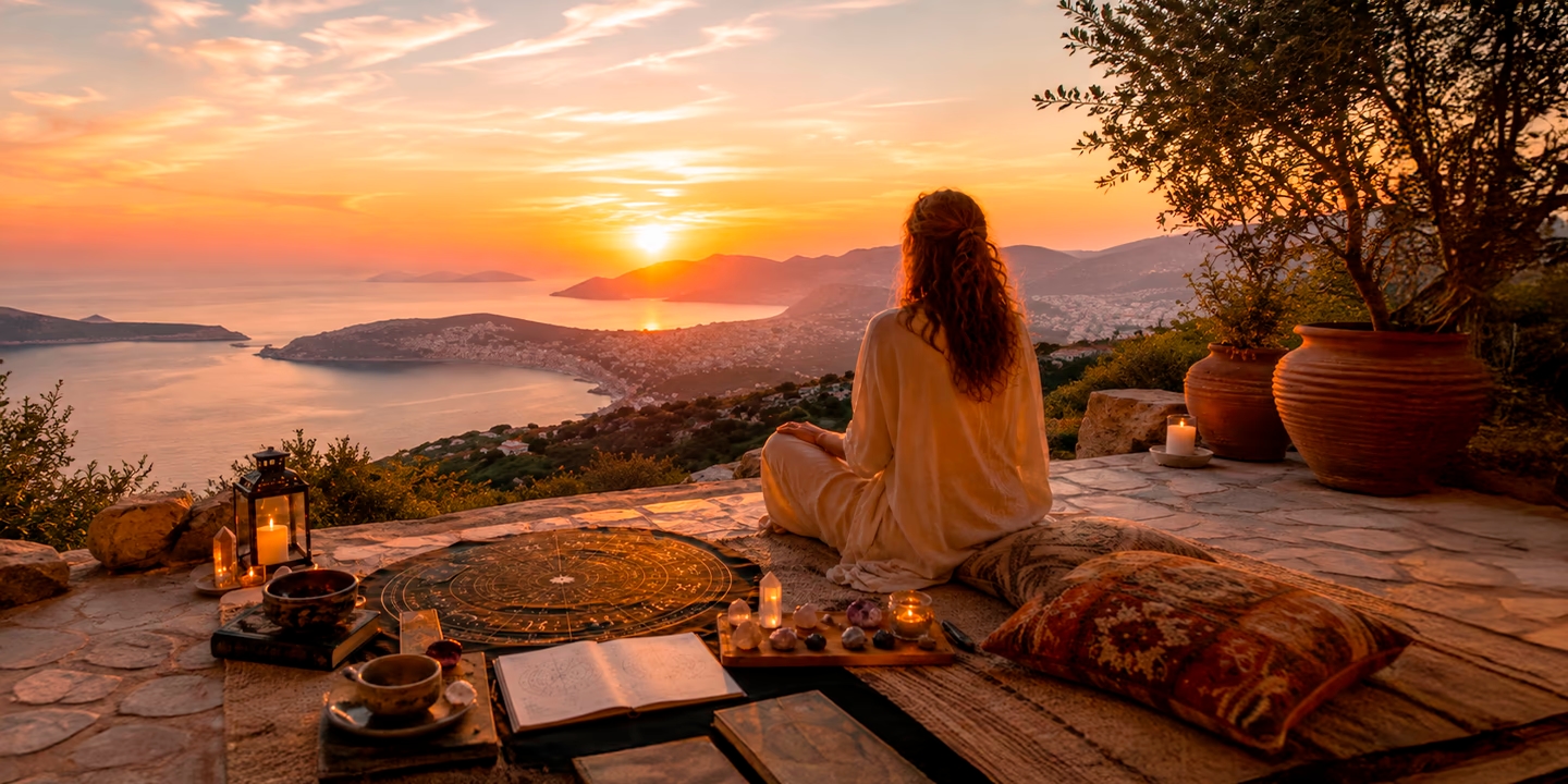 Frau meditiert bei Sonnenuntergang vor einem Geburtshoroskop – Symbol für karmische Astrologie, frühere Leben und die spirituelle Entwicklung des eigenen Lebenswegs.