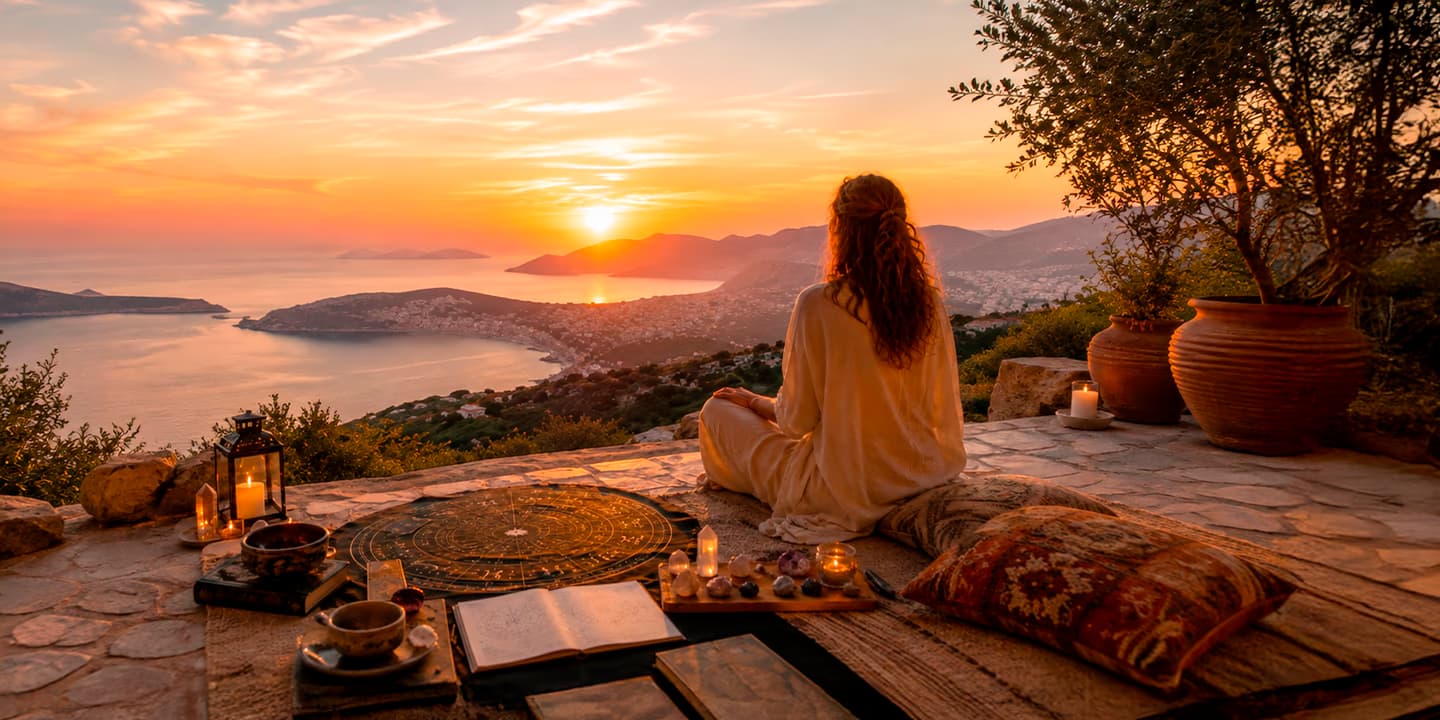 Frau meditiert bei Sonnenuntergang vor einem Geburtshoroskop – Symbol für karmische Astrologie, frühere Leben und die spirituelle Entwicklung des eigenen Lebenswegs.