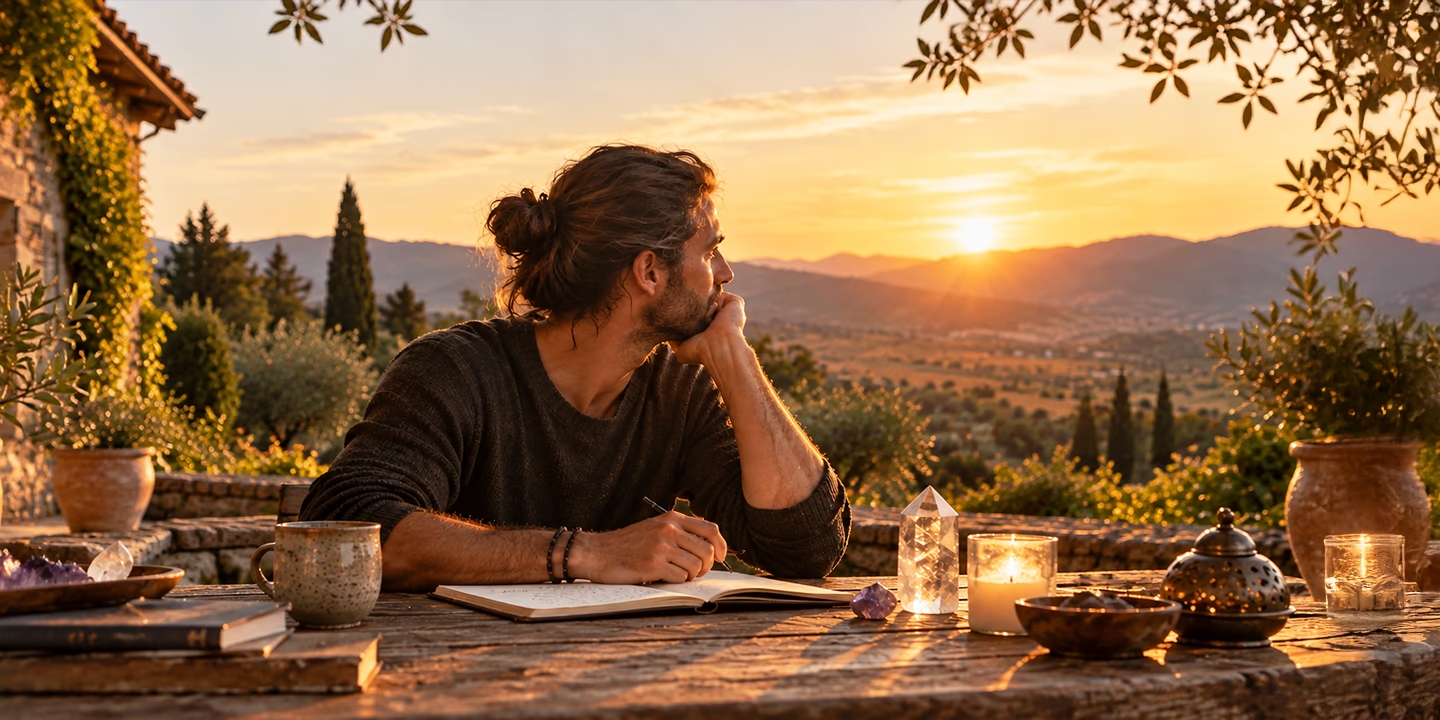 Mann schreibt bei Sonnenuntergang in ein Notizbuch, umgeben von Kristallen und einer Kerze – Symbol für Hellsehen, Intuition und die Entwicklung übersinnlicher Wahrnehmung.