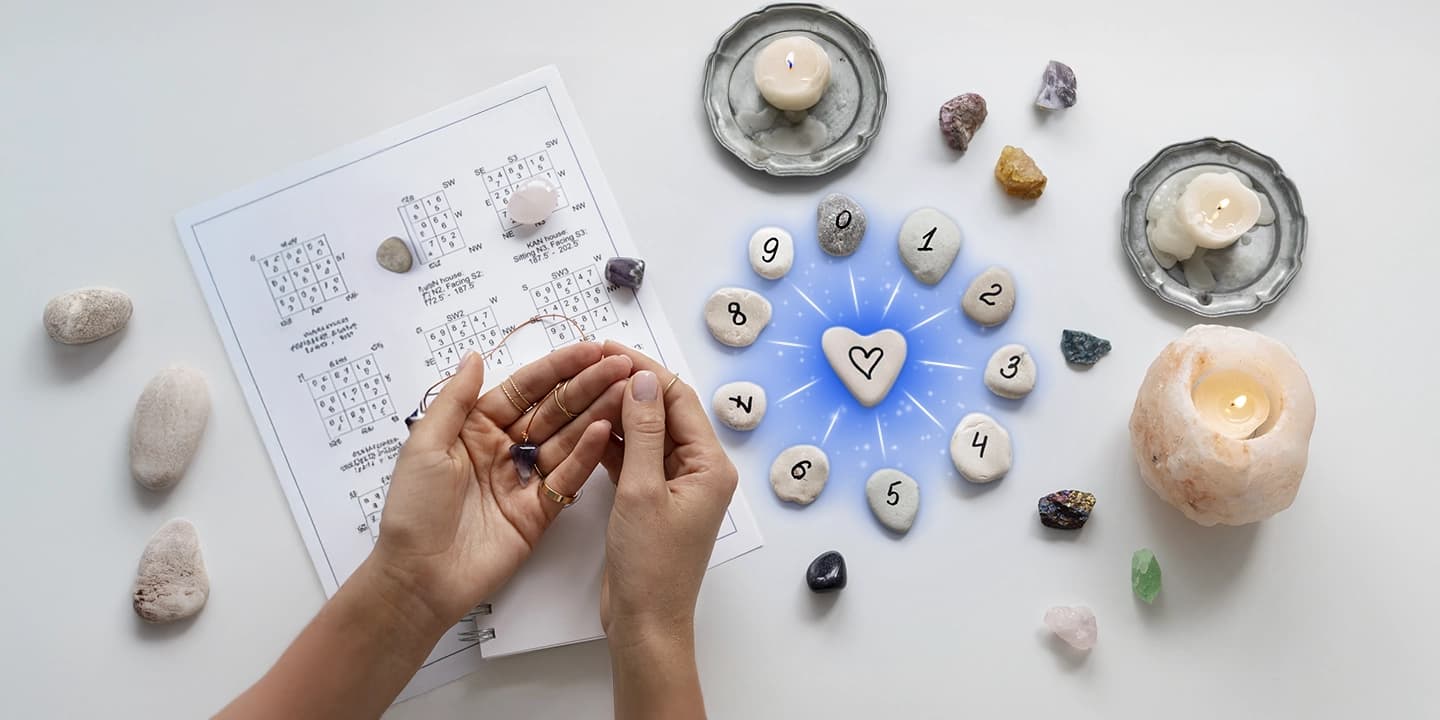 Hand mit Pendel über einem numerologischen Diagramm und nummerierten Steinen, die um ein Herz liegen – Symbol für Liebeskompatibilität durch Zahlen