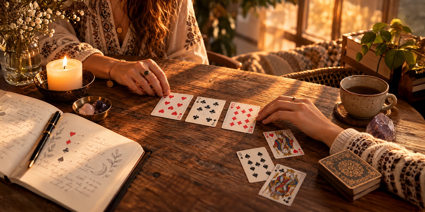 Person deutet eine Legung mit traditionellen Spielkarten auf einem Tisch mit Notizbuch, Kerze und Kristallen – Symbol für Kartenlegen und Kartomantie.