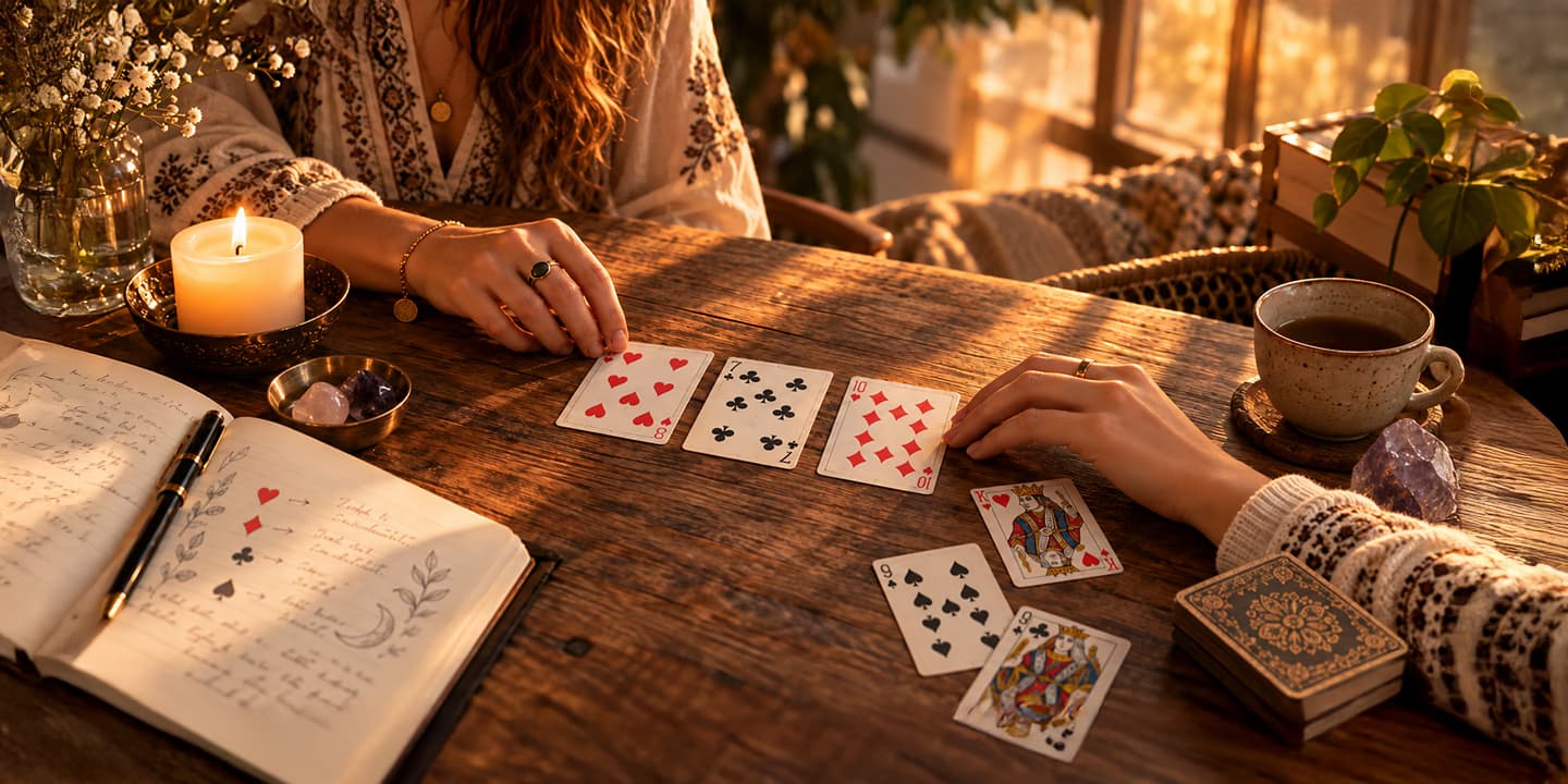 Person deutet eine Legung mit traditionellen Spielkarten auf einem Tisch mit Notizbuch, Kerze und Kristallen – Symbol für Kartenlegen und Kartomantie.