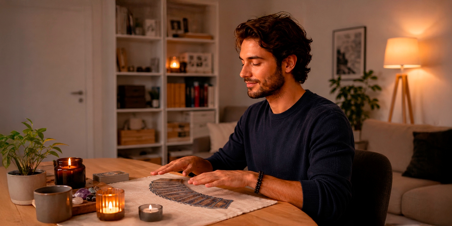 Mann bei einer intuitiven Tarotlegung in ruhiger Atmosphäre, Symbol für persönliche Intuition und freie Interpretation der Karten.