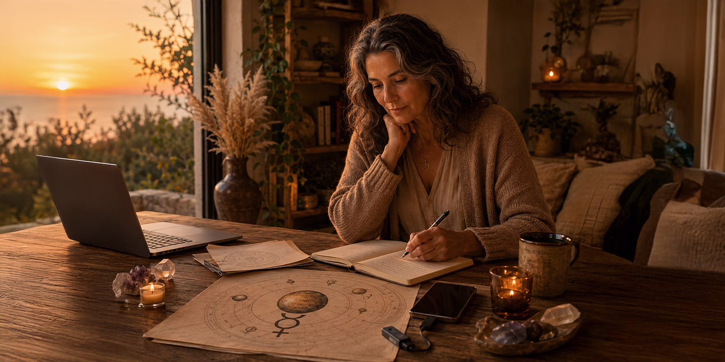 Frau analysiert ein astrologisches Horoskop und macht sich Notizen – Sinnbild für den rückläufigen Merkur, Selbstreflexion und astrologische Orientierung.
