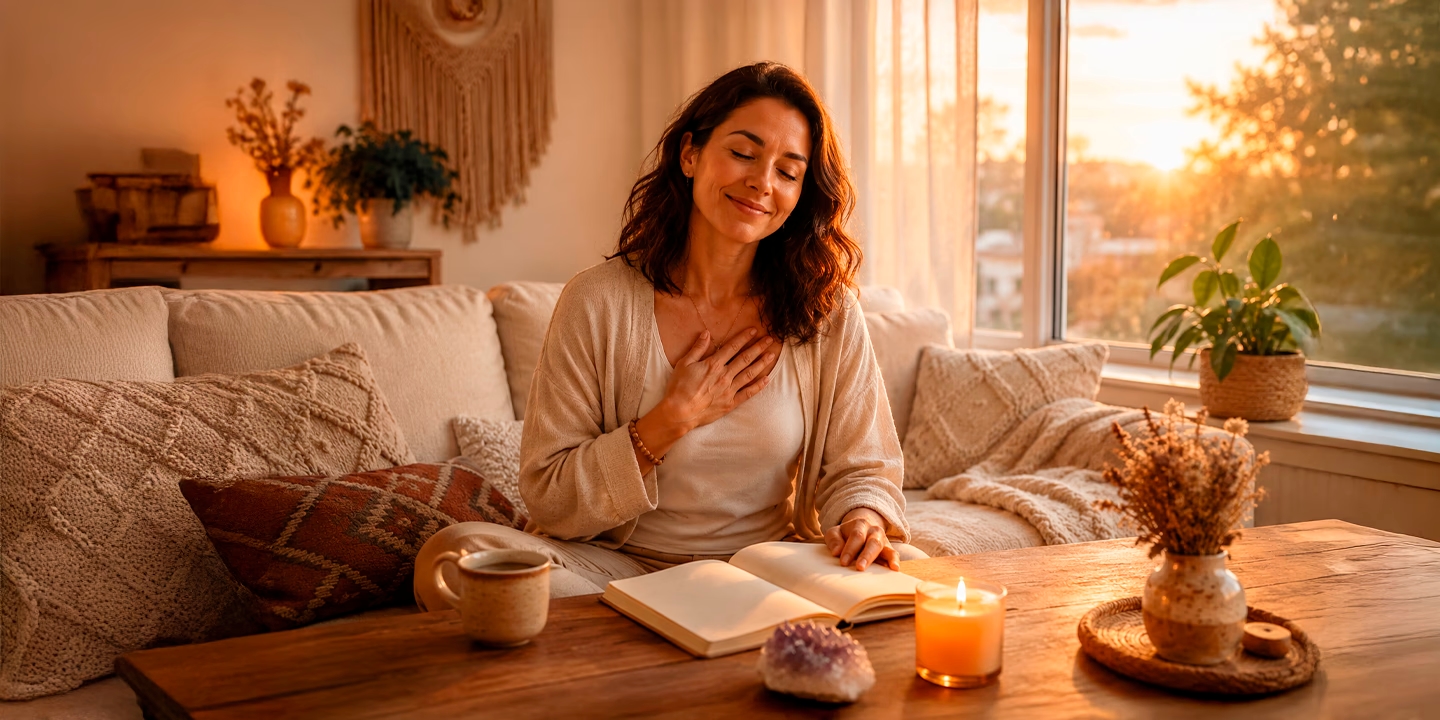 Frau praktiziert positive Affirmationen in ruhiger Atmosphäre mit der Hand auf dem Herzen, einem Notizbuch und einer Kerze – Symbol für Selbstvertrauen, Wohlbefinden und positives Denken.