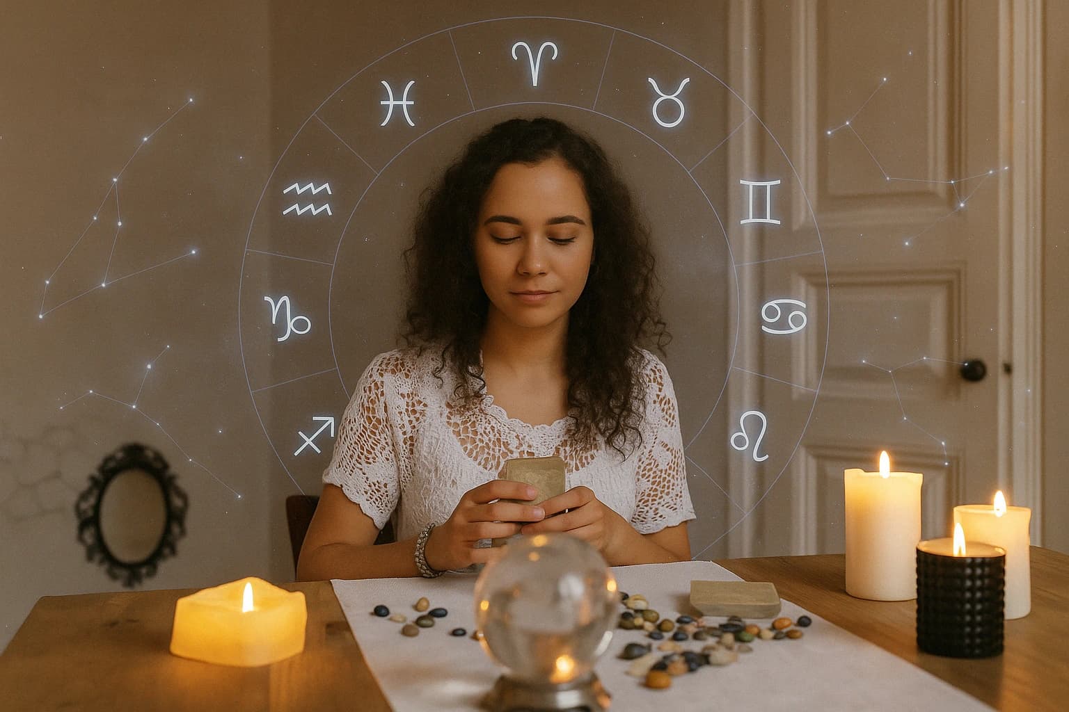 Online-Beratung mit einer Wahrsagerin, Tarotkarten und astrologischem Kreis – Experte finden auf Manticus