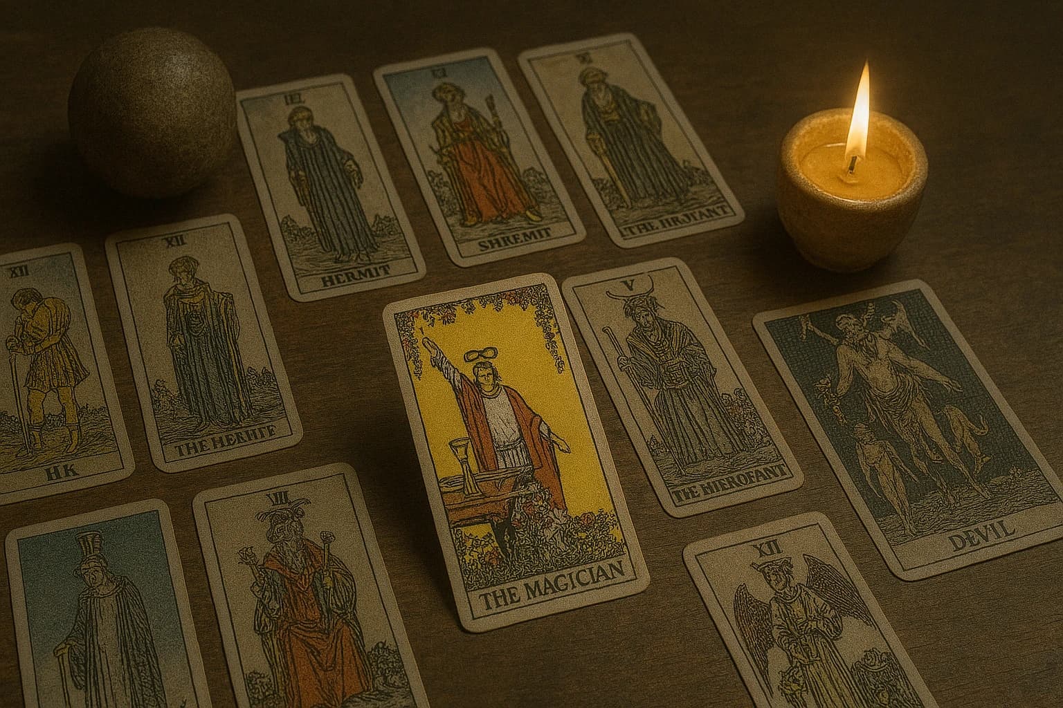 Rider-Waite-Tarotkarten mit Kerze auf Holztisch – Einstieg in die Online-Tarologie bei Manticus