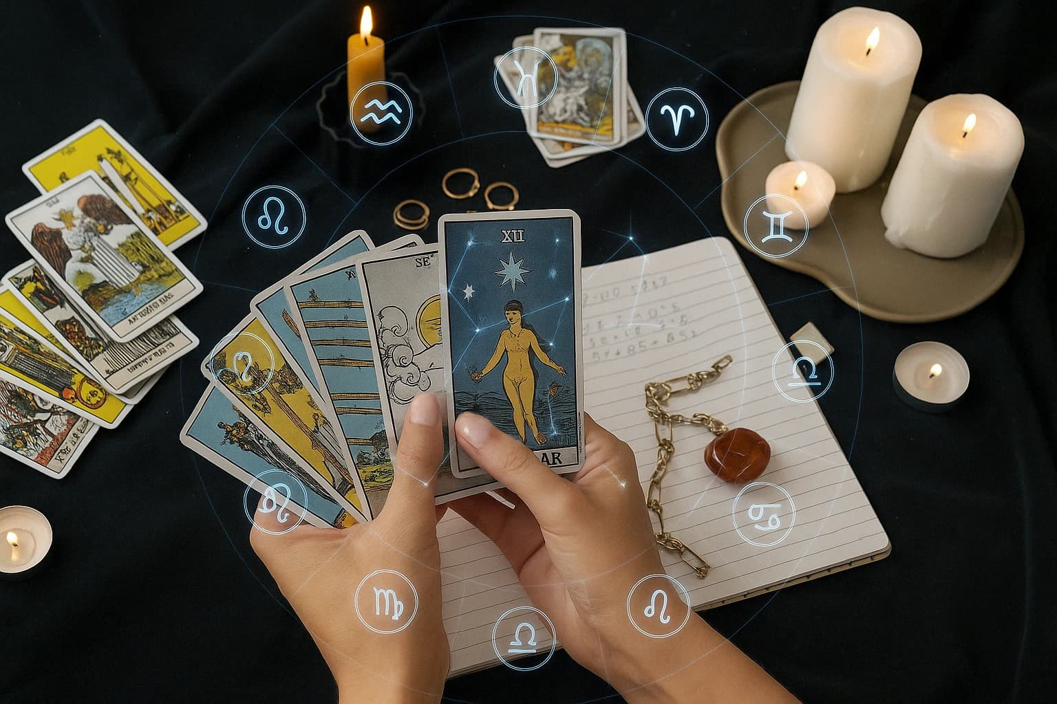 Tarotkarten-Beratung mit astrologischen Zeichen und Kerzen – Online-Tarologie mit Experten bei Manticus