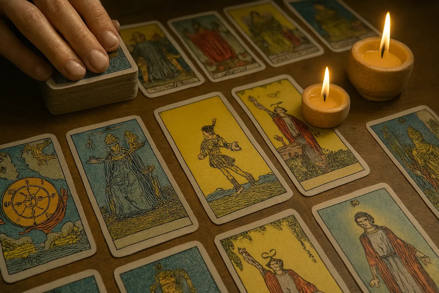 Tarotkarten auf einem Tisch mit Kerzen – Symbolbild für Online-Kartenlegen auf Manticus