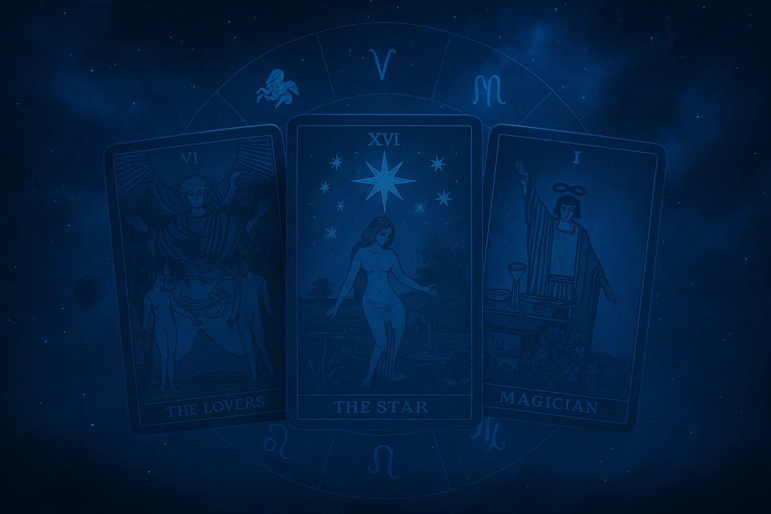 Tarotkarten mit Symbolen für Liebe, Étoile und Magie – Erklärung und Bedeutung beim Kartenlegen auf Manticus