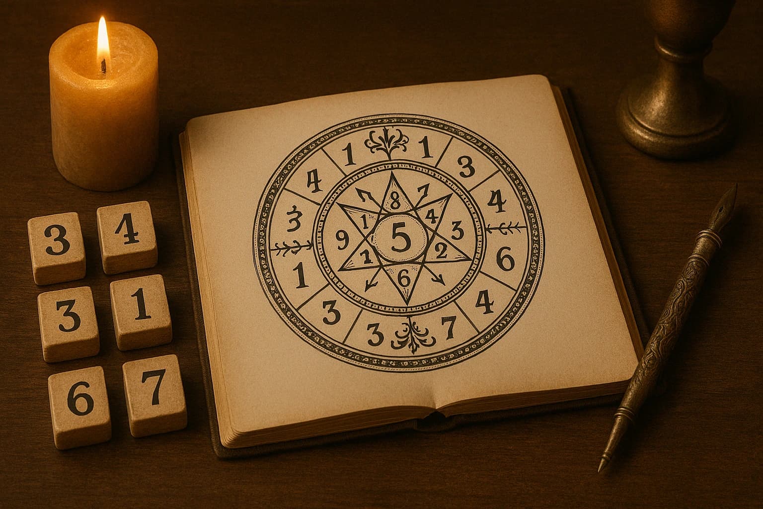 Notizbuch und esoterisches Zahlenrad für Numerologie-Beratung