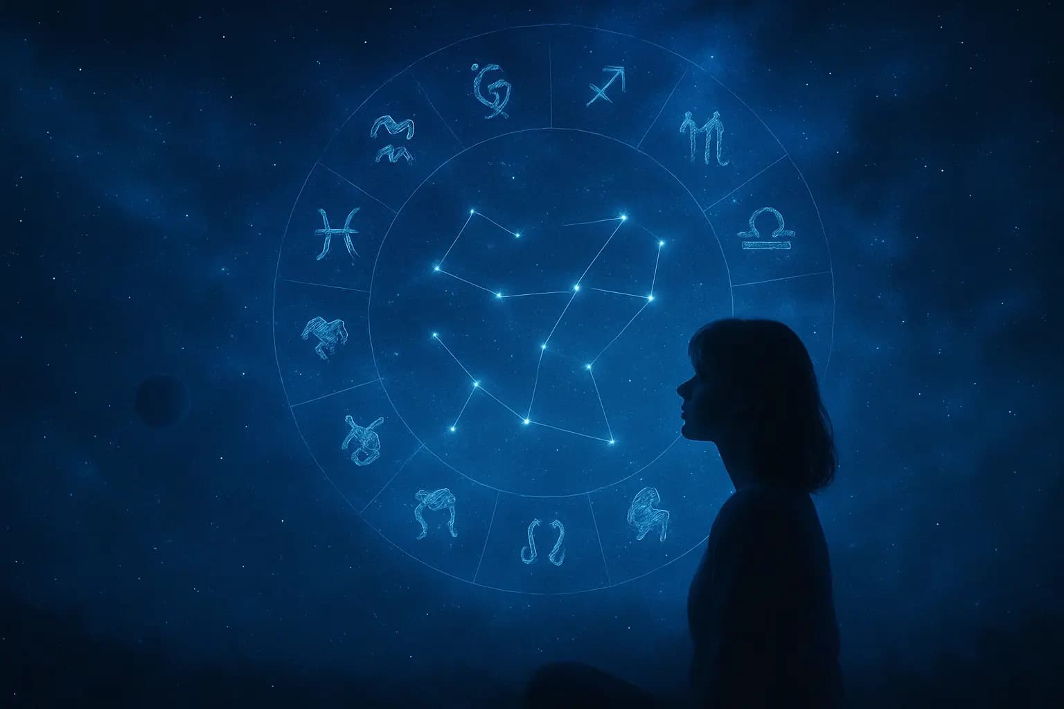 Frau beobachtet Sternzeichen und Konstellationen – Was ist Online-Astrologie und wie funktioniert das Horoskop?