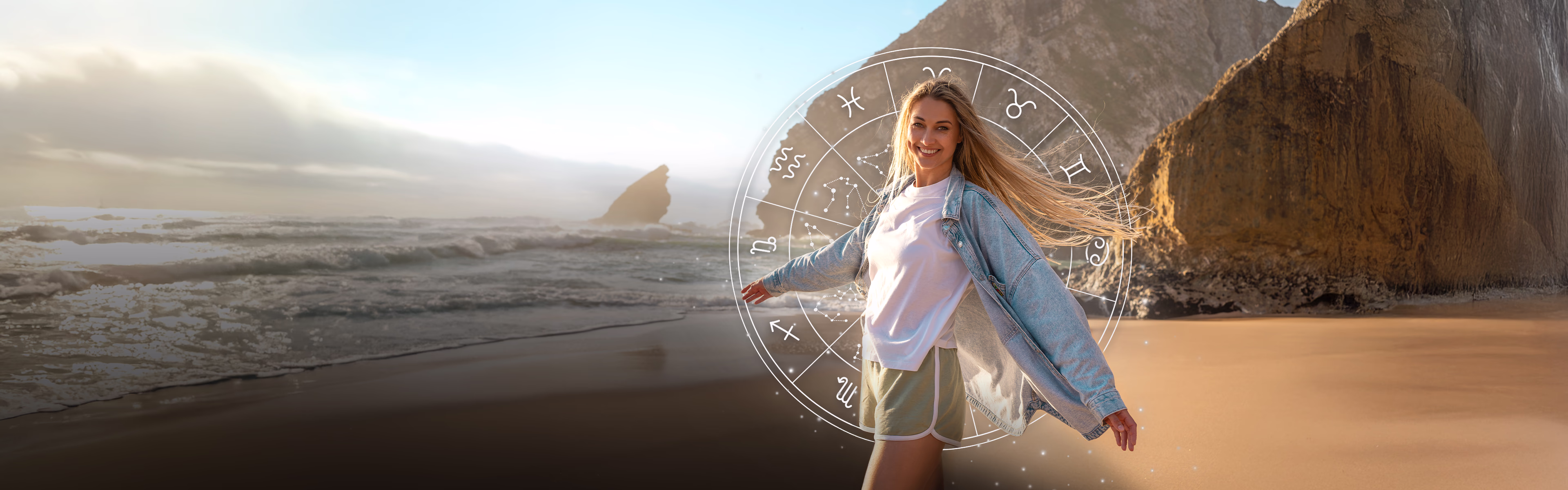 Frau in einer sommerlichen Landschaft bei Sonnenuntergang, umgeben von astrologischen Symbolen, die Sommersonnenwende, Neuanfang, innere Klarheit und spirituelle Orientierung symbolisieren.