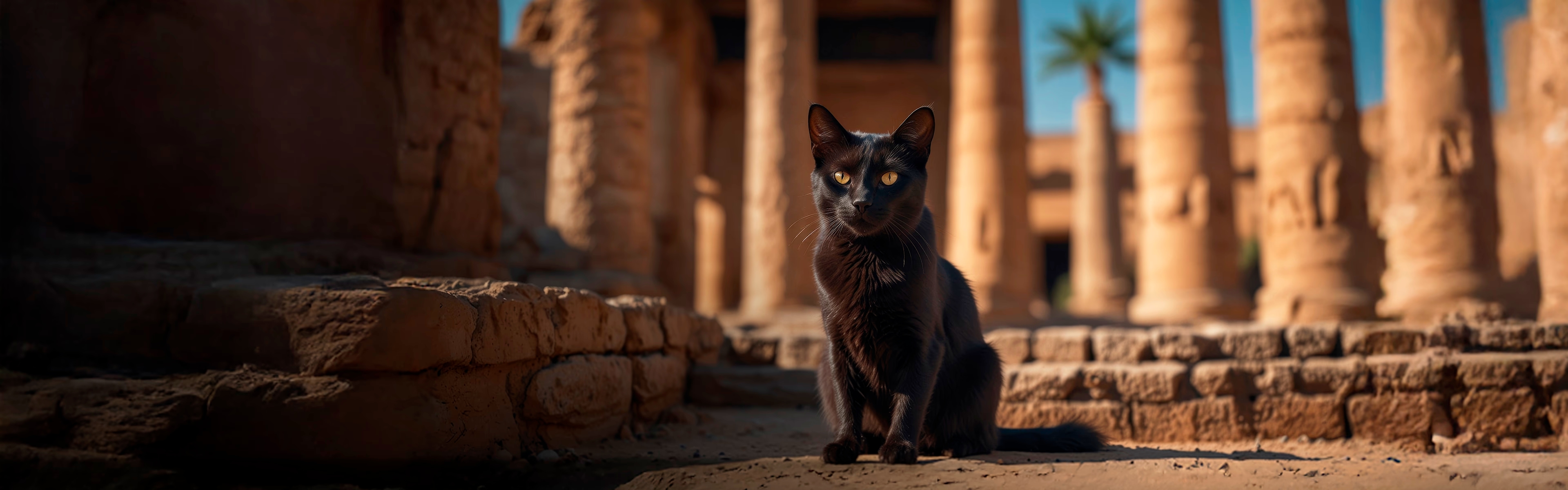 Schwarze Katze mit goldenen Augen vor den Säulen eines antiken ägyptischen Tempels im warmen Sonnenlicht.