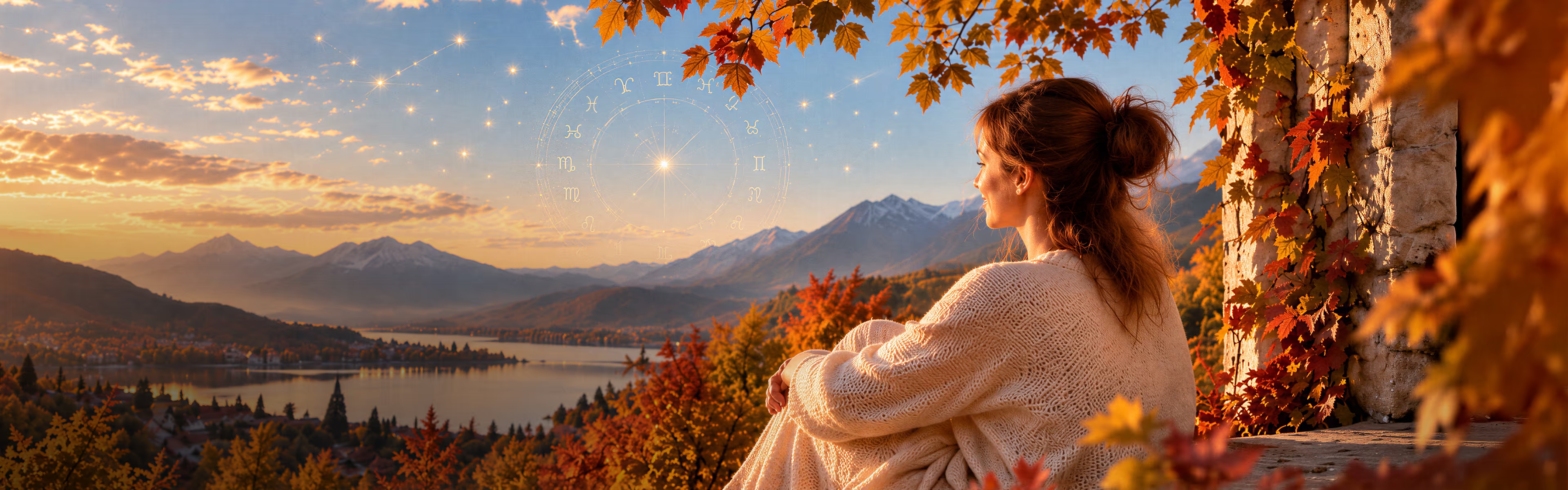 Herbstliche Astrologie-Banner mit einer Frau vor einer Berglandschaft und einem leuchtenden Tierkreis mit den Sternzeichen am Himmel.