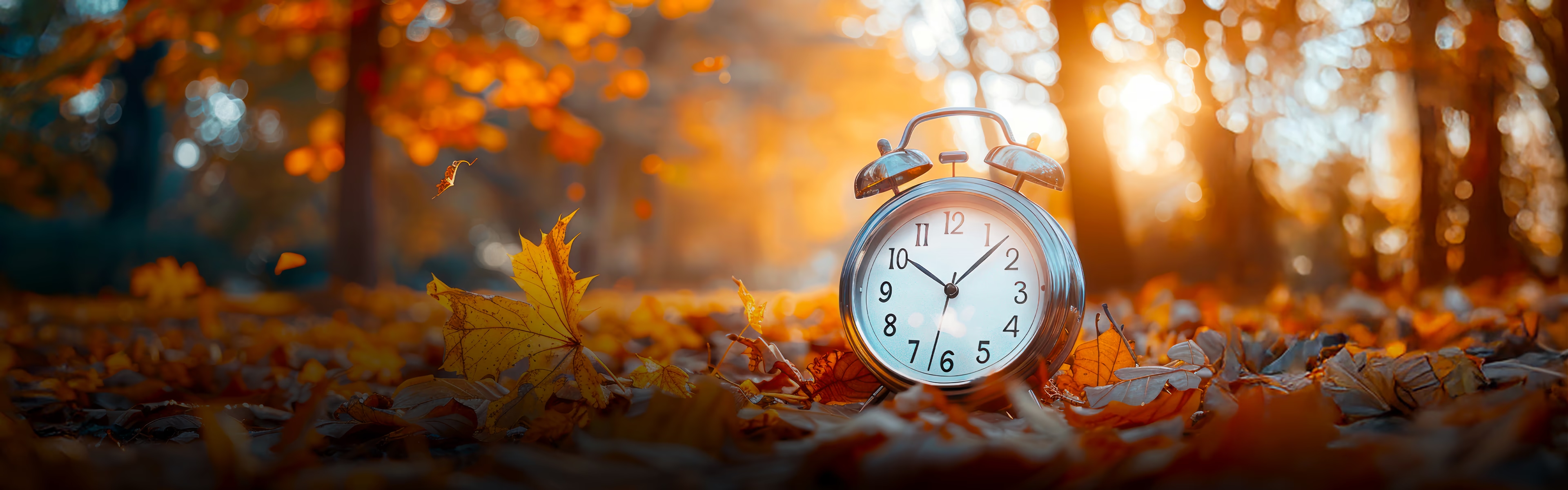 Silberner Wecker zwischen goldenen Herbstblättern im warmen Sonnenlicht – Symbol für die Zeitumstellung auf Winterzeit und eine zusätzliche Minute für sich selbst.