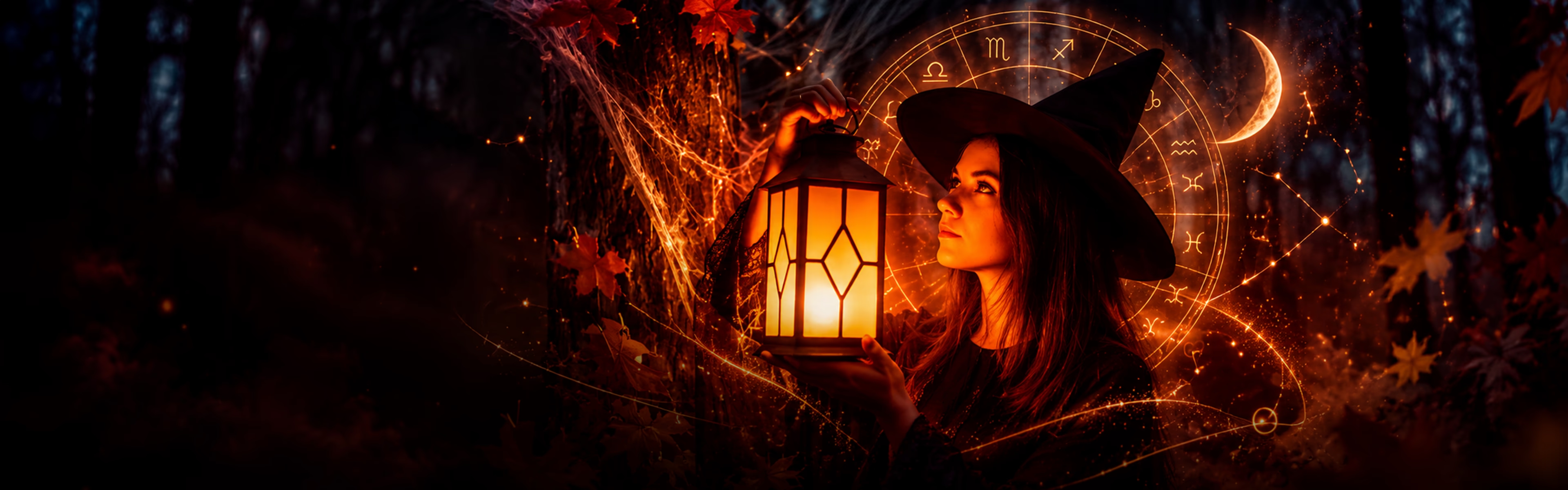 Halloween bei Manticus: Eine Hexe hält eine leuchtende Laterne in einem geheimnisvollen Wald, umgeben von goldenen astrologischen Symbolen.