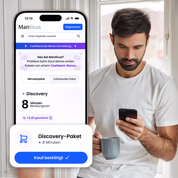 Nutzer kauft ein Discovery-Minutenpaket bei Manticus mit Cashback-Bonus beim ersten Kauf