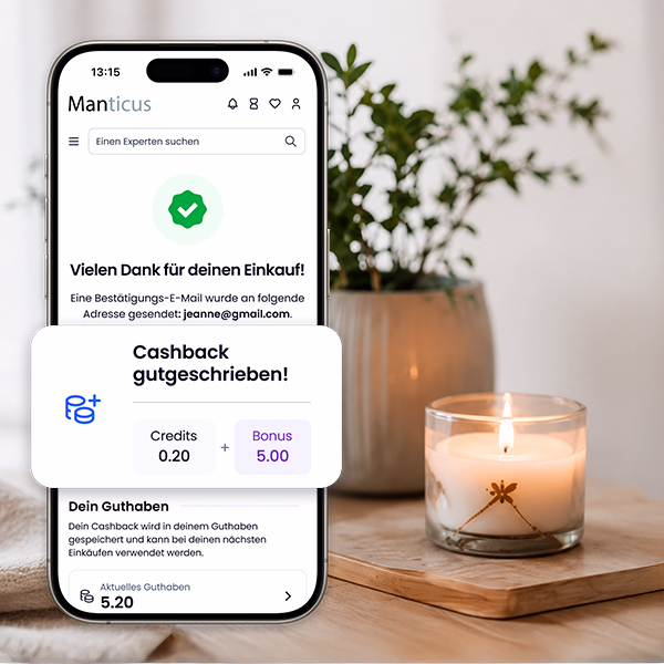 Manticus-Oberfläche mit gutgeschriebenem Cashback und Bonus nach dem Kauf eines Beratungspakets